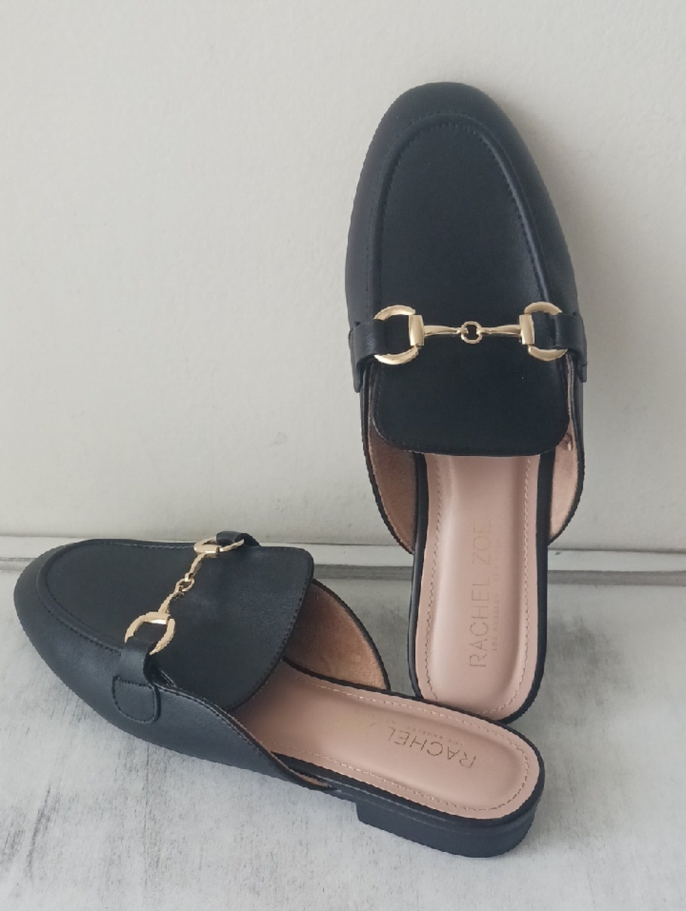 Rachel Zoe Black Faux Leather Slide Mules with Gold Bit Accent Sz.8